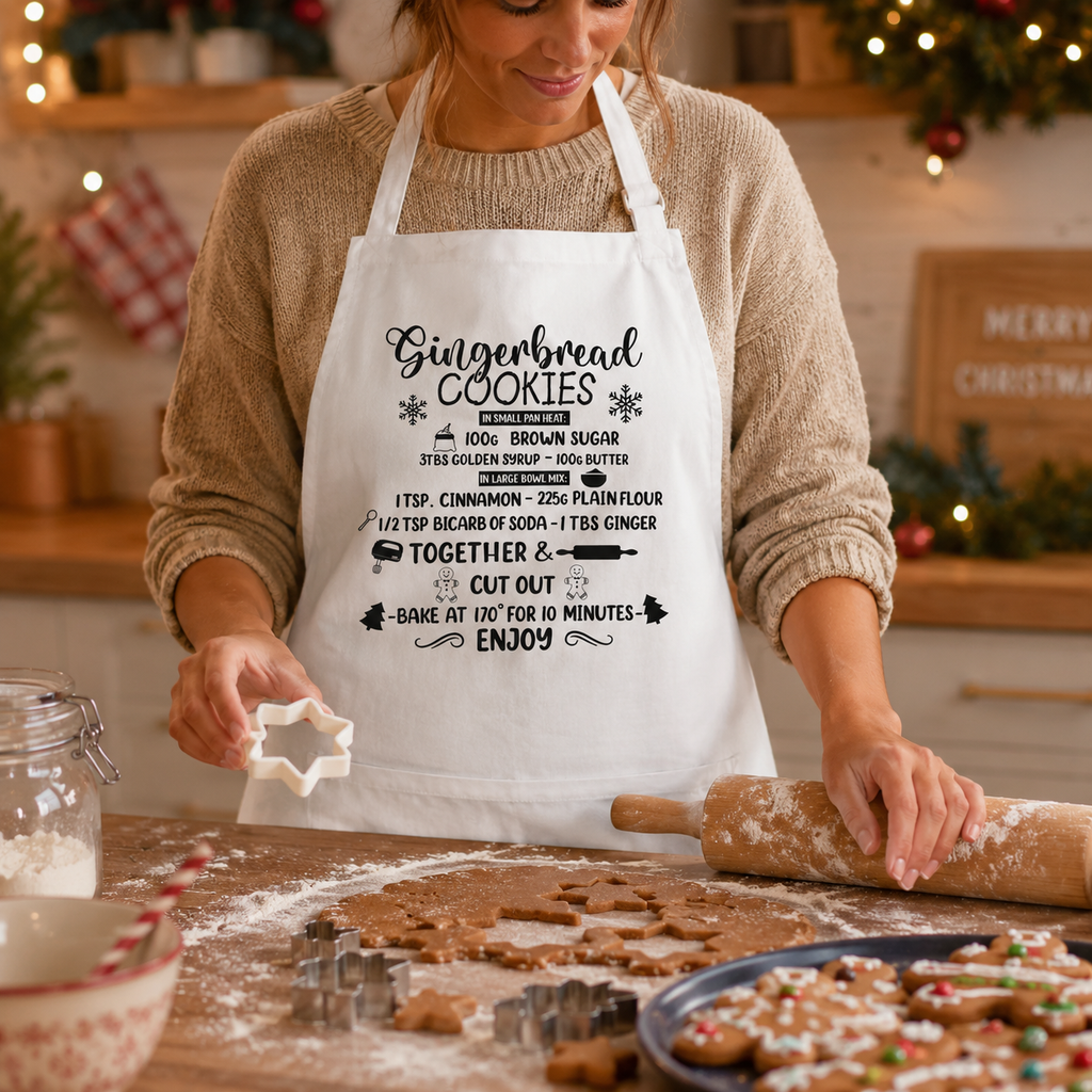 White gingerbread recipe Christmas apron with cheerful festive lettering