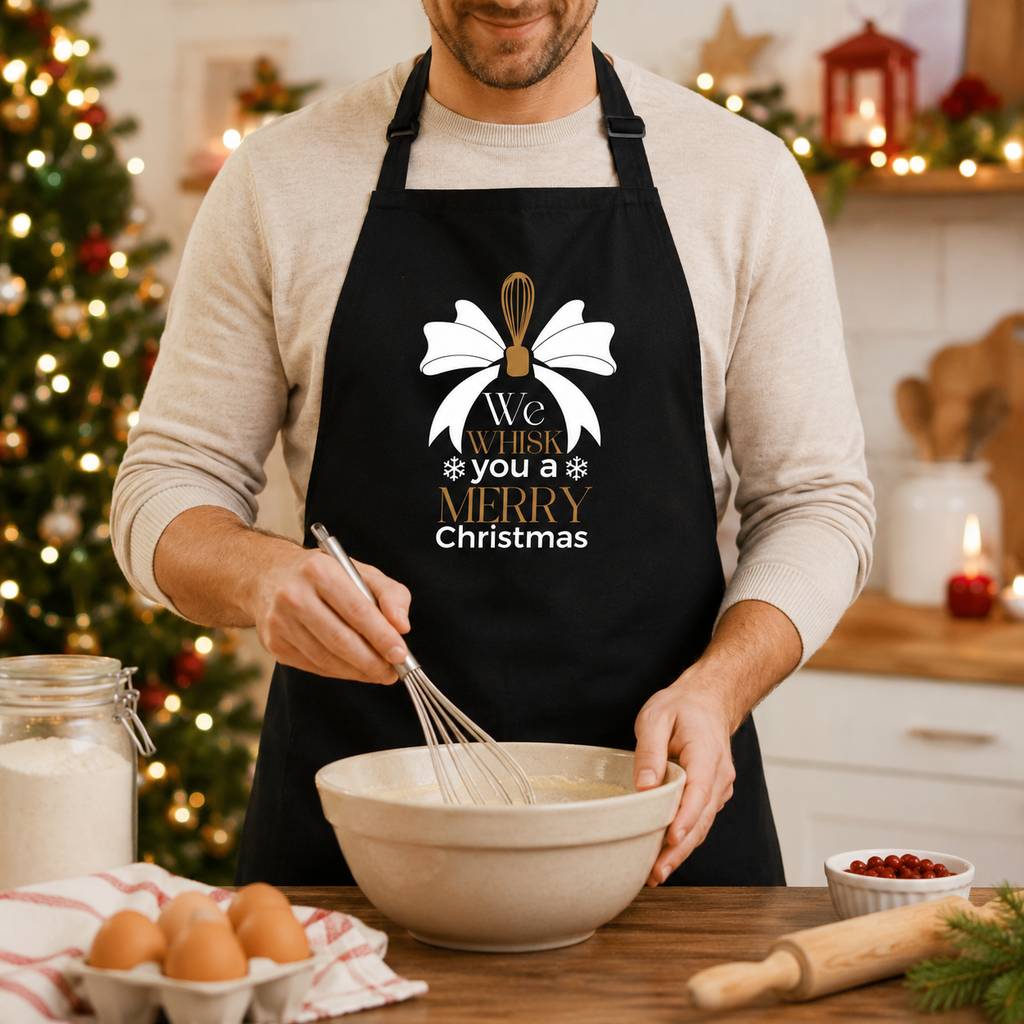 Christmas baking apron with 'We whisk you a merry Christmas' whisk and bow design