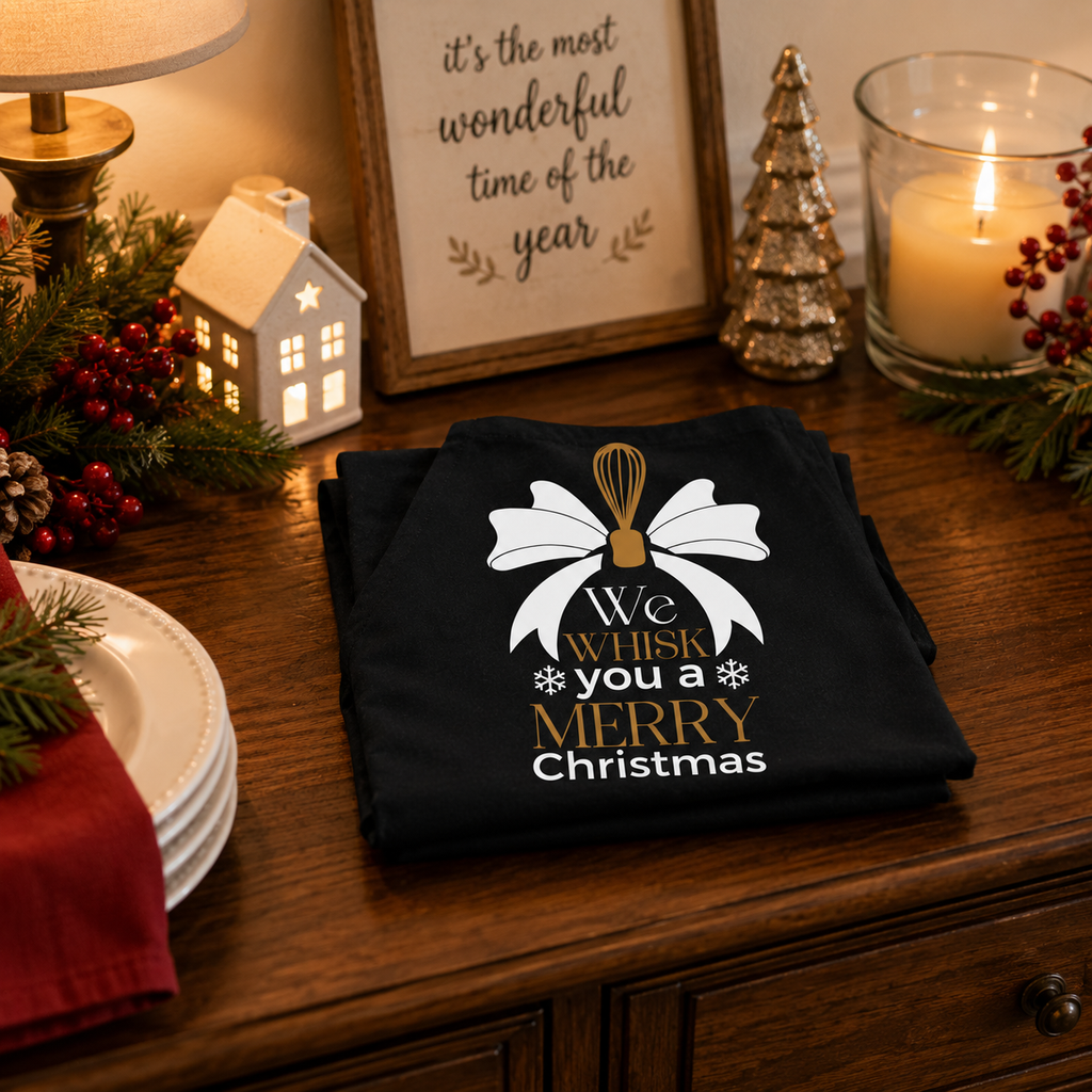 Black Christmas cooks apron with festive whisk slogan, worn in a kitchen setting
