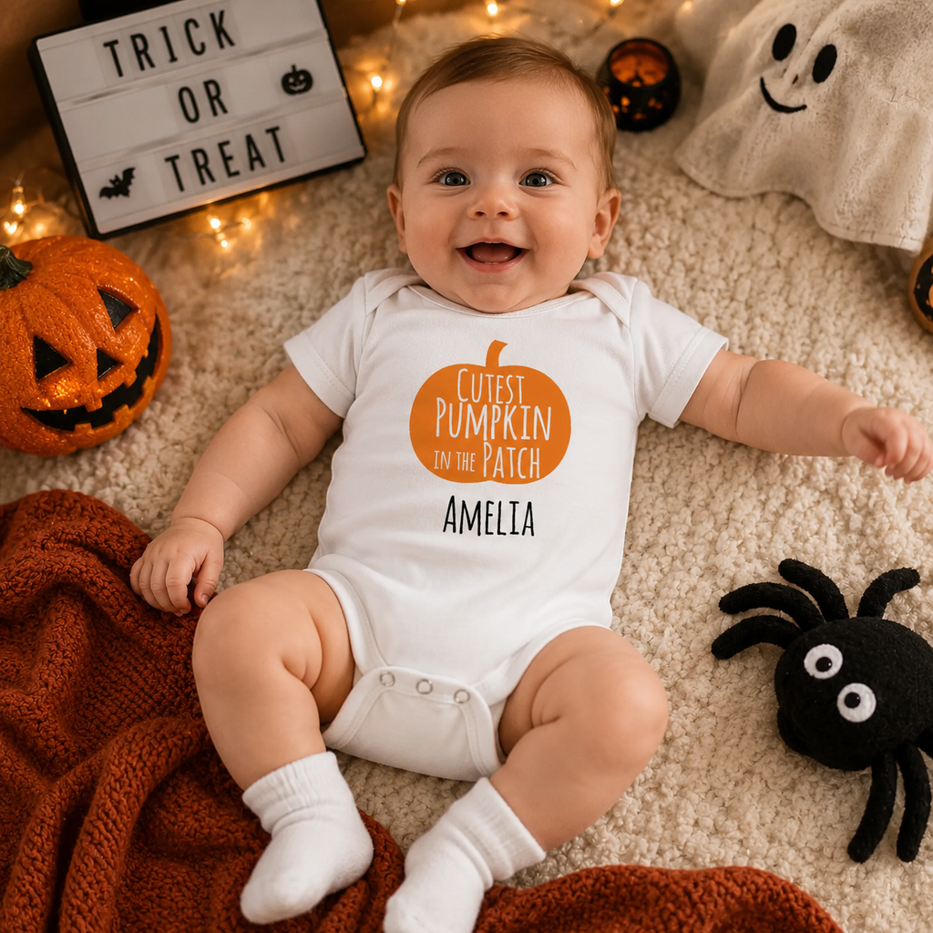 Baby wearing a white baby grow reading 'Cutest Pumpkin in the Patch' personalised with the name 'Amelia'