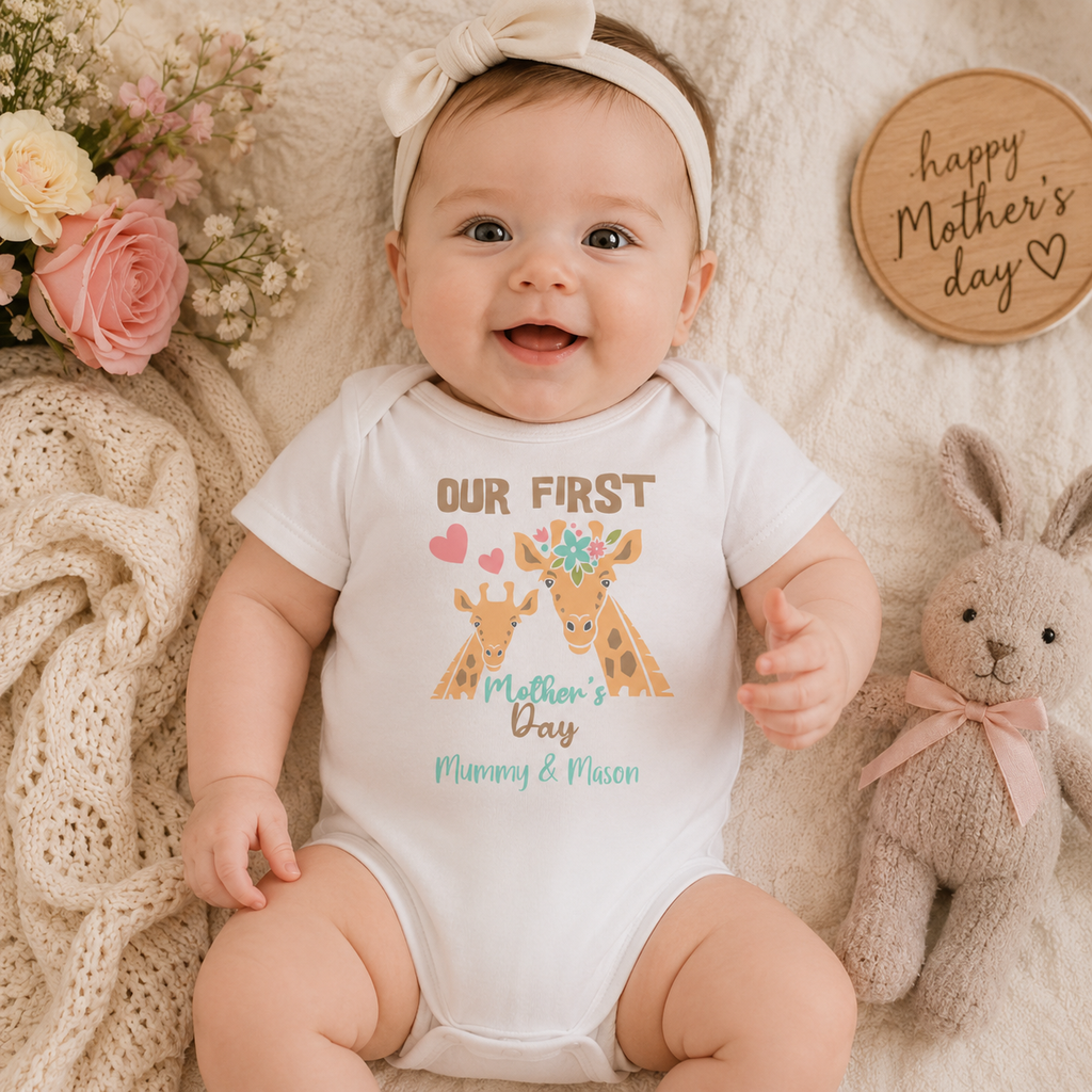 Personalised white baby grow with giraffes and 'Our first Mother's Day'