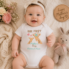 Personalised white baby grow with giraffes and 'Our first Mother's Day'