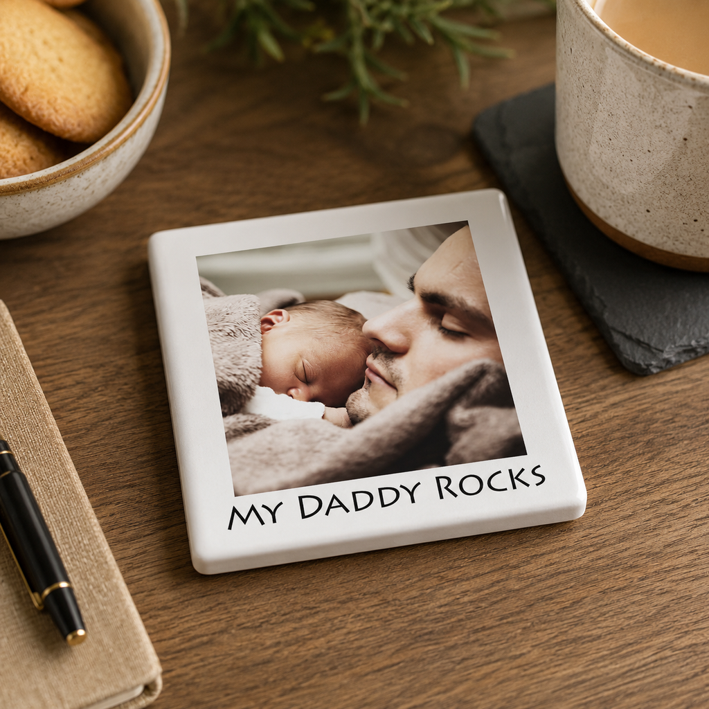 Personalised ceramic photo coaster with a baby and dad photo reading 'My Daddy Rocks'