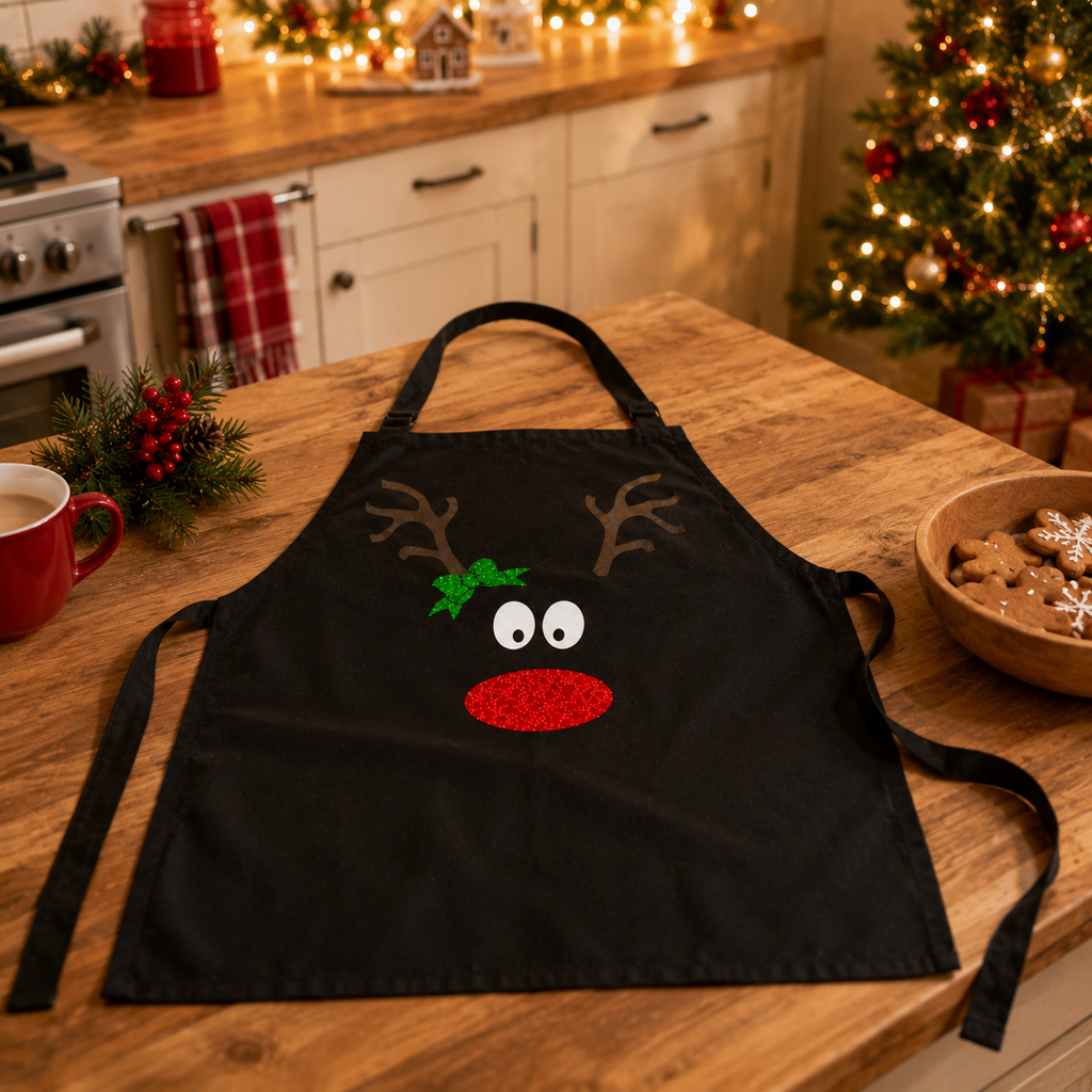 Reindeer face Christmas apron in black with antlers, holly and a bright red nose