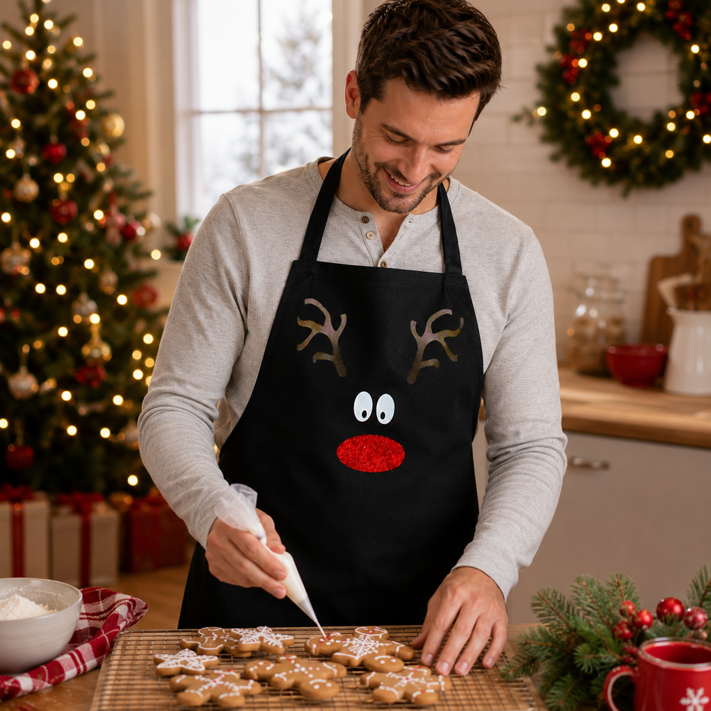 Festive black apron featuring a glittery reindeer face design with antlers and a red nose
