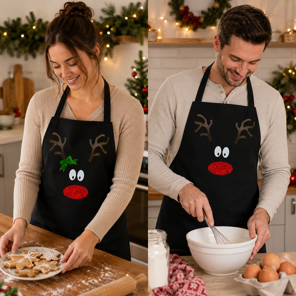 Black reindeer face apron with sparkly antlers and red nose for festive cooking