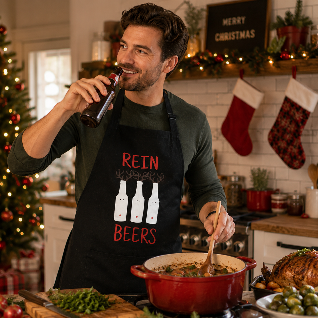 Black 'Reinbeers' Christmas apron with three beer bottles dressed as reindeer