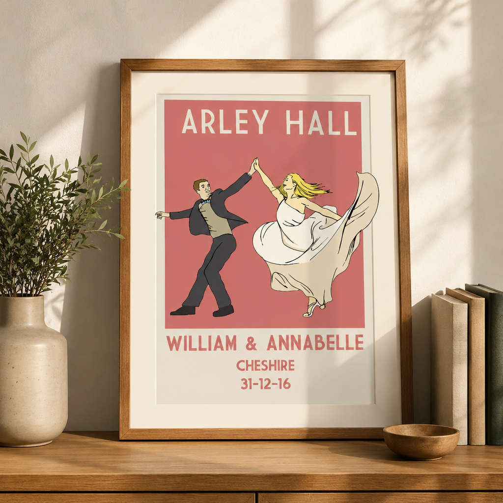 Personalised retro wedding print with a dancing couple and your names and date