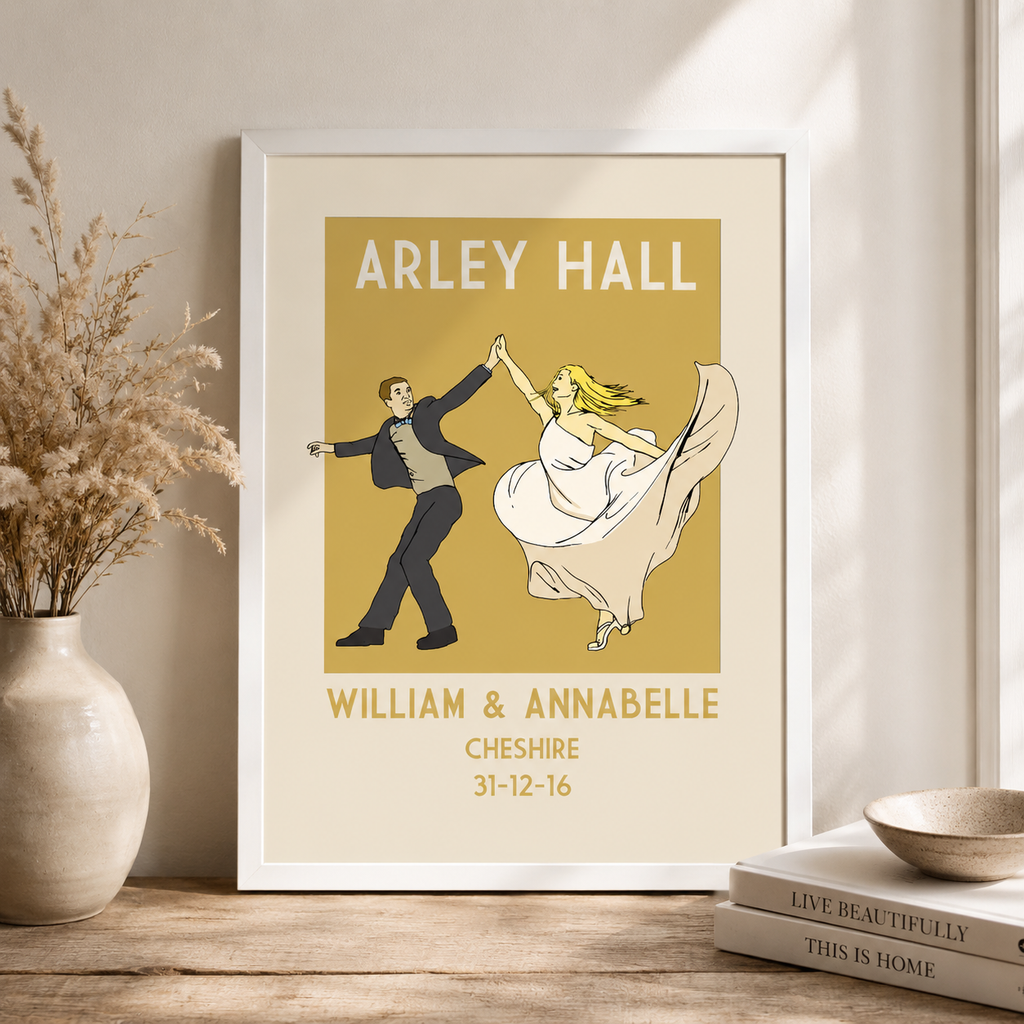 Vintage style wedding keepsake print with a couple and personalised details