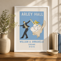Personalised vintage dance wedding print with a couple, venue and names, framed on a shelf