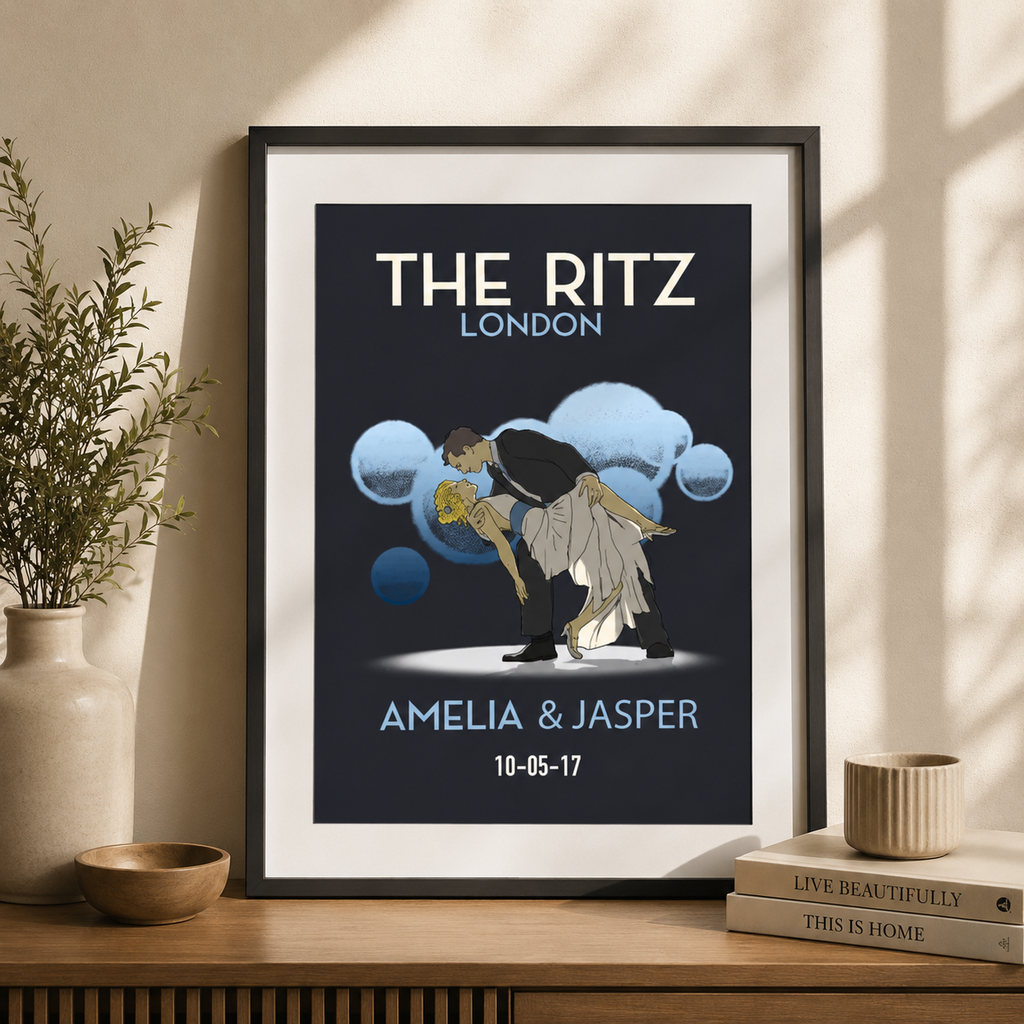 Framed vintage first dance wedding print with couple's names, venue and date on a navy background