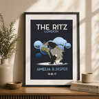 Framed vintage first dance wedding print with couple's names, venue and date on a navy background