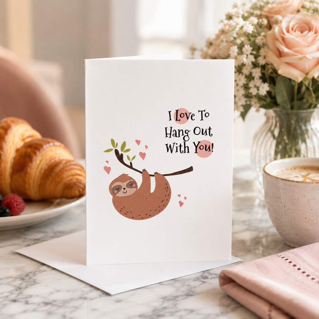 Sloth Valentine's card with hearts, held up beside flowers
