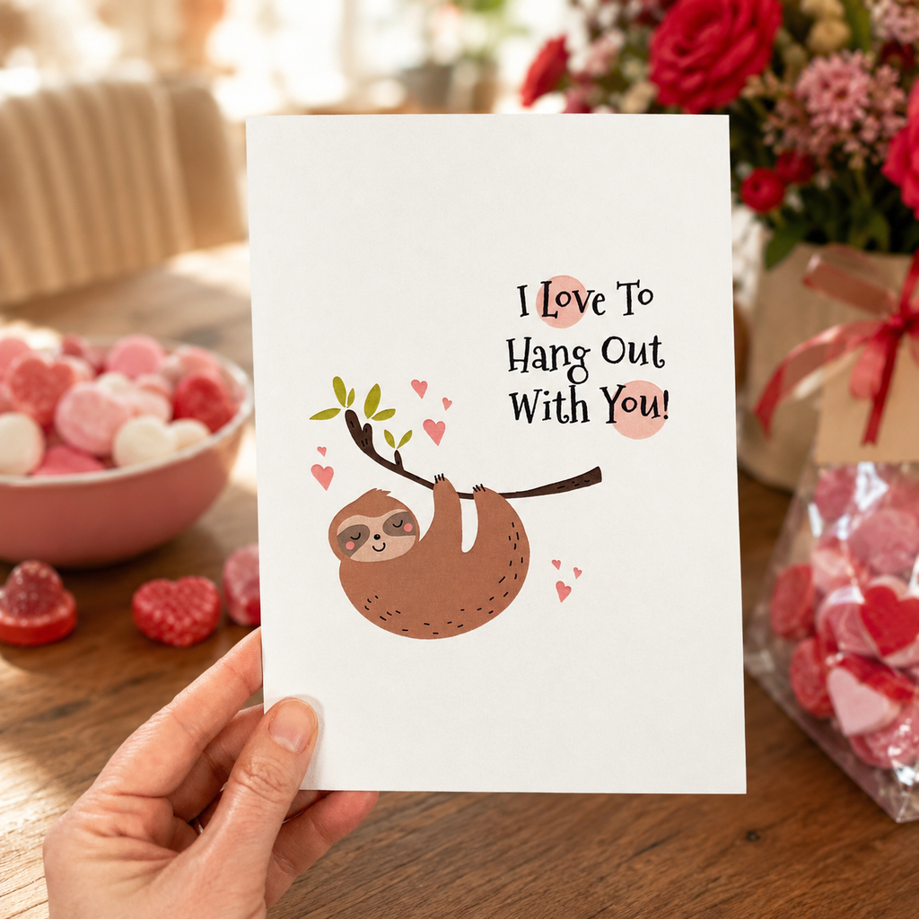 Funny Valentine's card with a sloth on a branch, reading 'I love to hang out with you'