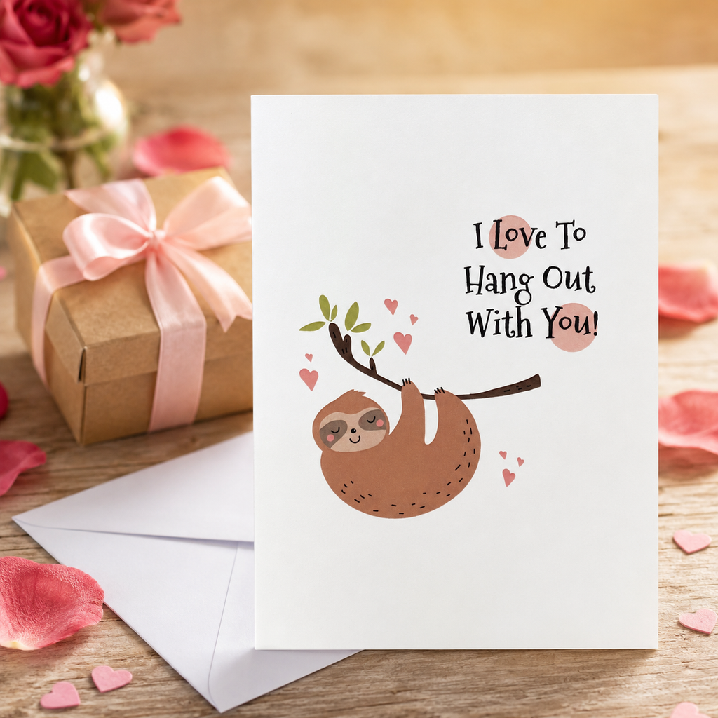 Funny sloth Valentine's card with 'I love to hang out with you' slogan