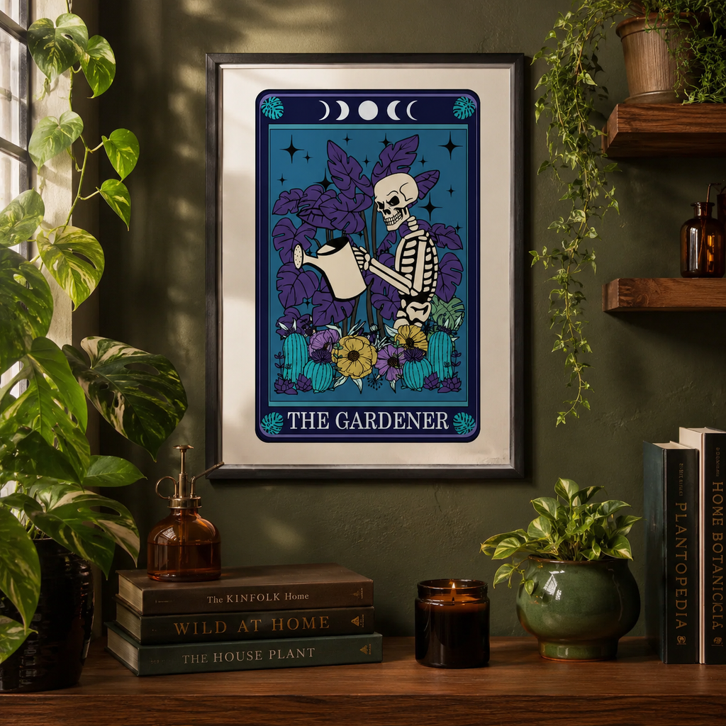 Framed tarot style print 'The Gardener' with skeleton watering plants, on a green wall