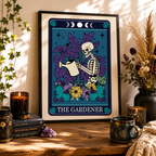Tarot style 'The Gardener' print with moon phases and bright flowers, in a frame
