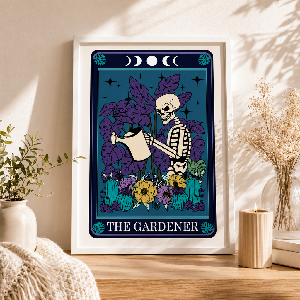 'The Gardener' tarot style print with skeleton and houseplants, framed and styled with books
