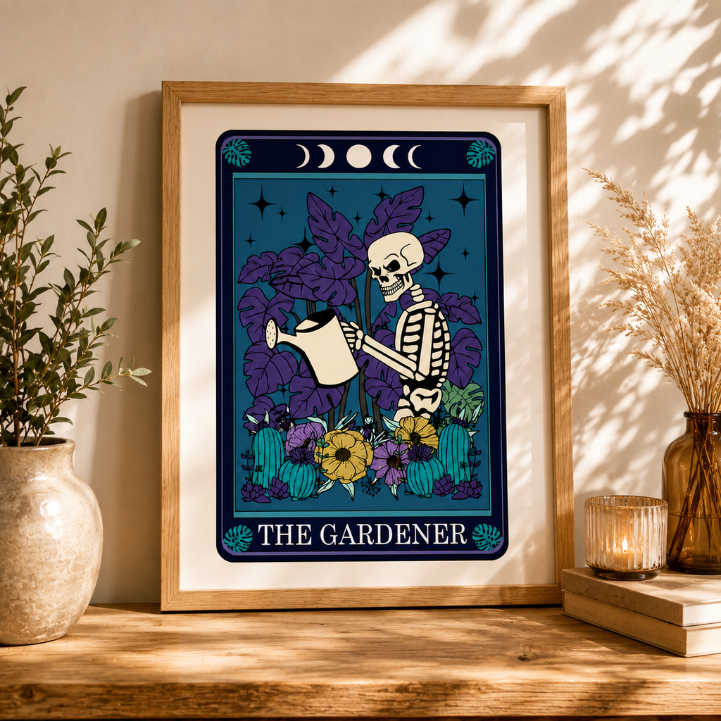 Gardener tarot style print 'The Gardener' framed in a leafy room