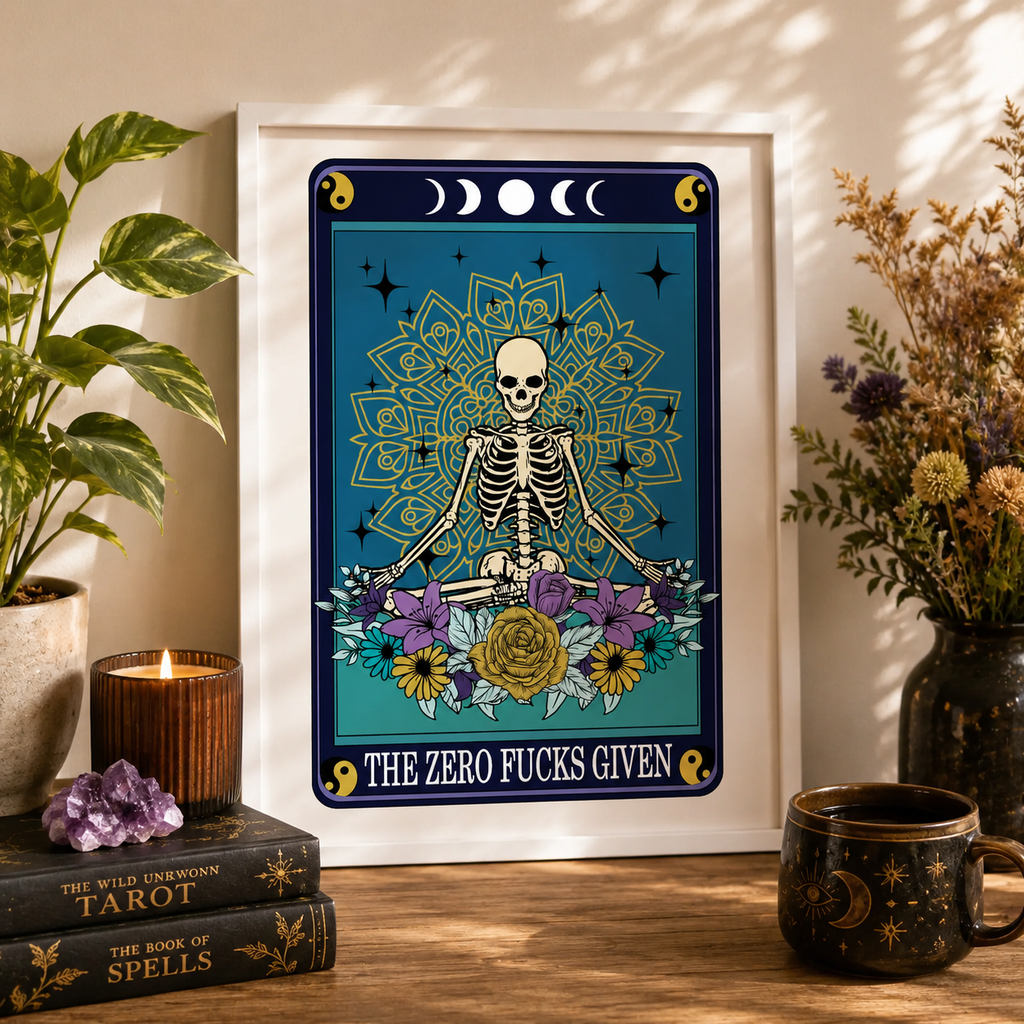 Framed tarot style print 'The Zero Fucks Given' with seated skeleton and mandala, on a shelf