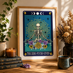 Funny tarot style print 'The Zero Fucks Given' framed in a styled room