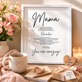 Framed 'Mama' poem print with 'You are amazing!', styled with flowers and a mug