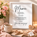 Framed 'Mama' poem print with 'You are amazing!', styled with flowers and a mug