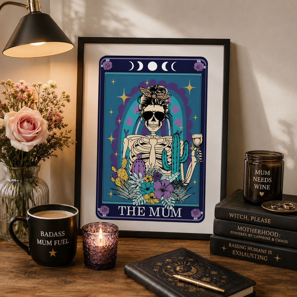 Wine mum tarot style print 'The Mum' framed in a home setting