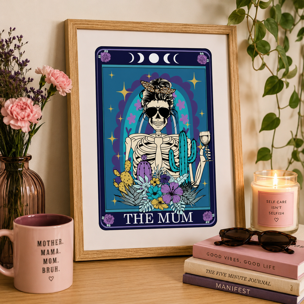 'The Mum' wine tarot style print with skeleton and flowers, framed on a wall