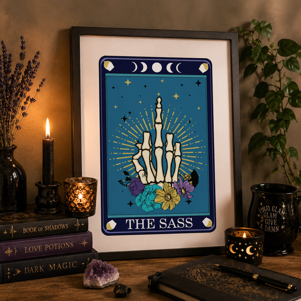 Cheeky tarot style print 'The Sass' framed and styled with candles