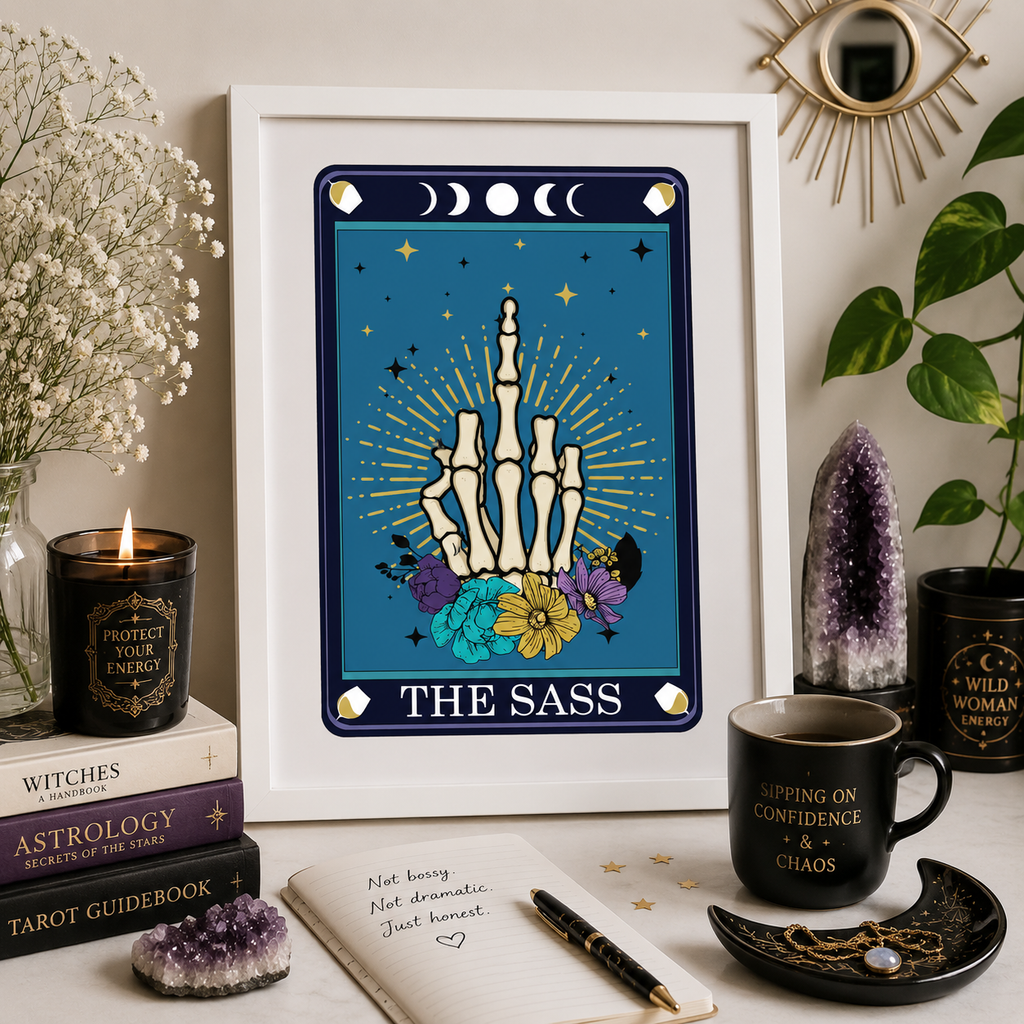 Funny tarot style print 'The Sass' framed in a styled room