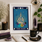 Funny tarot style print 'The Sass' framed in a styled room