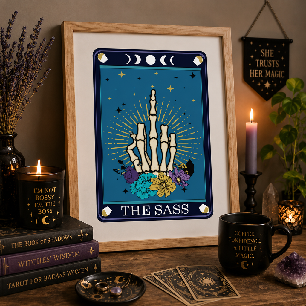 Tarot style 'The Sass' print with moon phases and starburst, in a frame