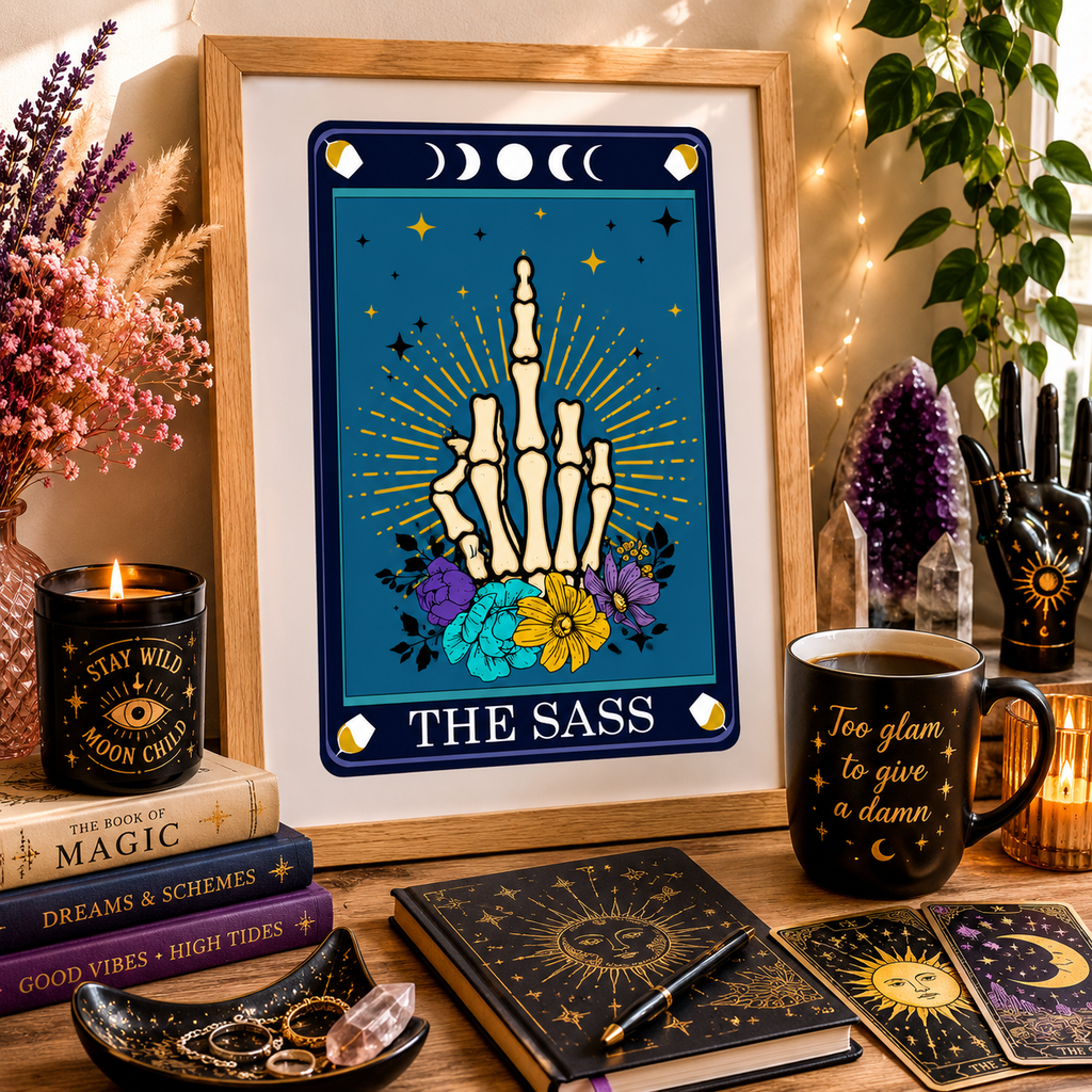 'The Sass' tarot style print with skeleton hand and floral design, framed on a wall