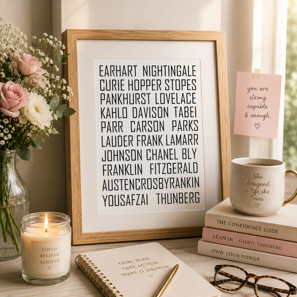 Framed monochrome print listing influential women's surnames in bold black lettering