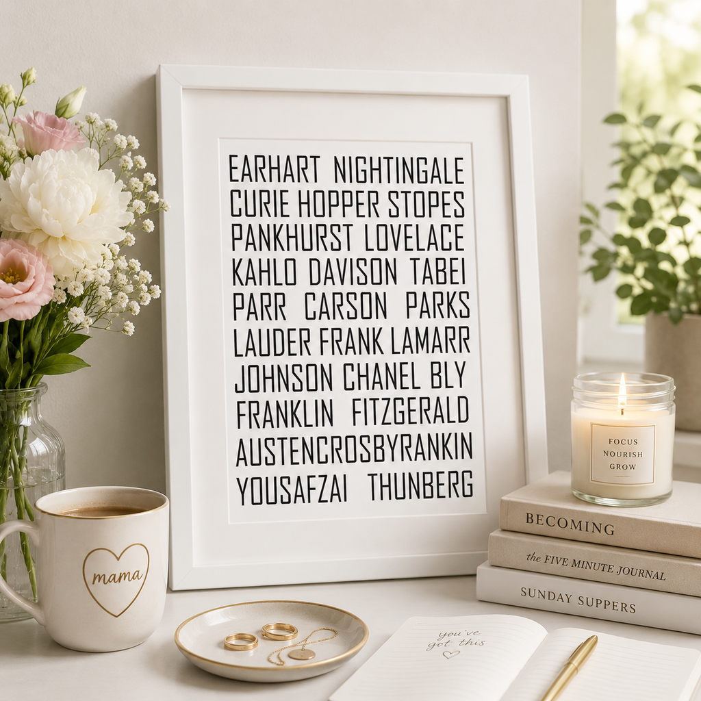 Black and white print of names of women who changed the world, in a wooden frame