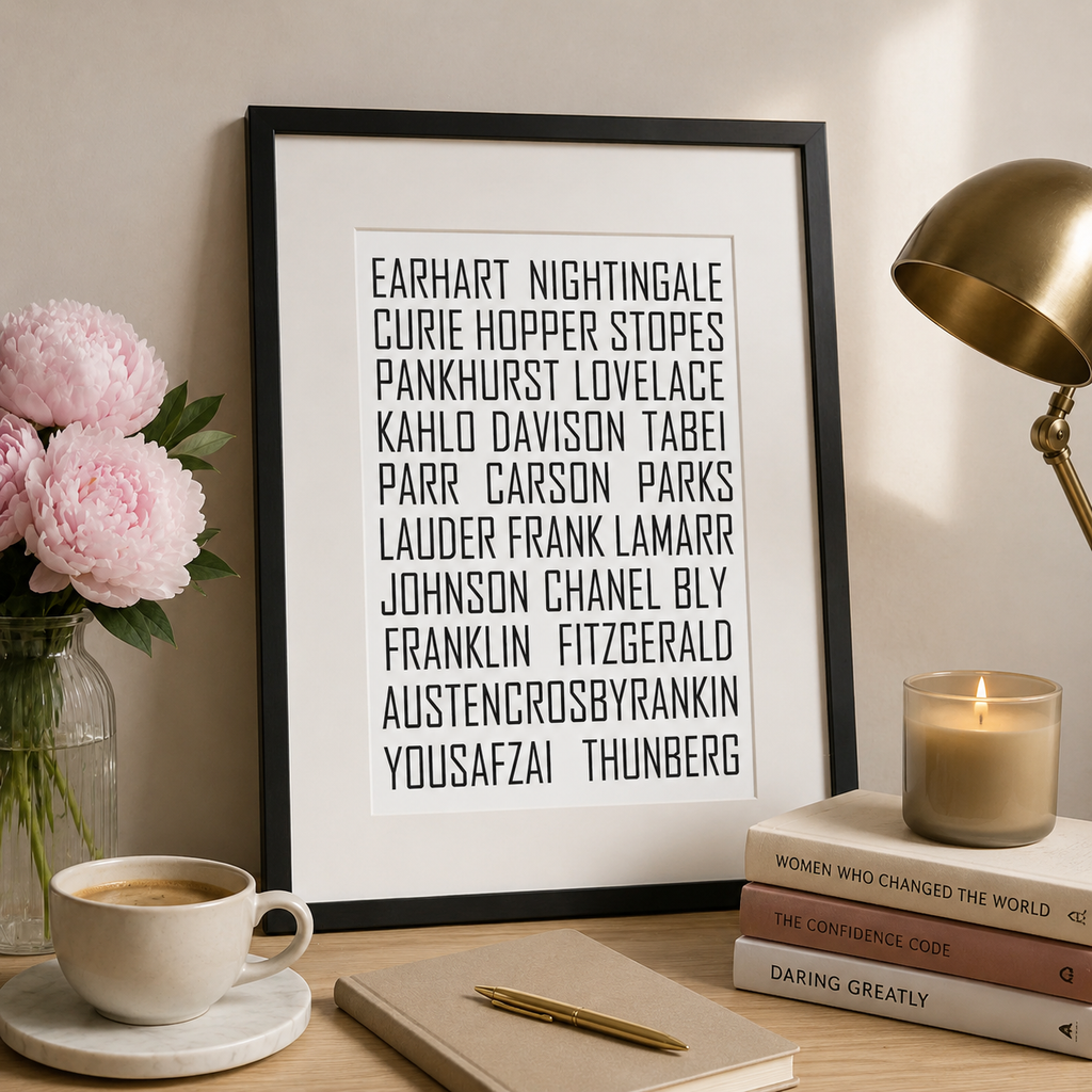 Monochrome typographic print celebrating influential women's surnames
