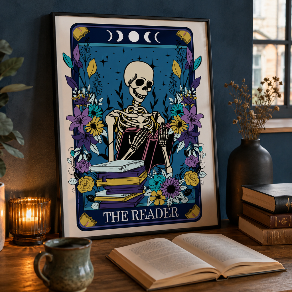 Framed tarot style print 'The Reader' with skeleton reading on a pile of books, on a desk