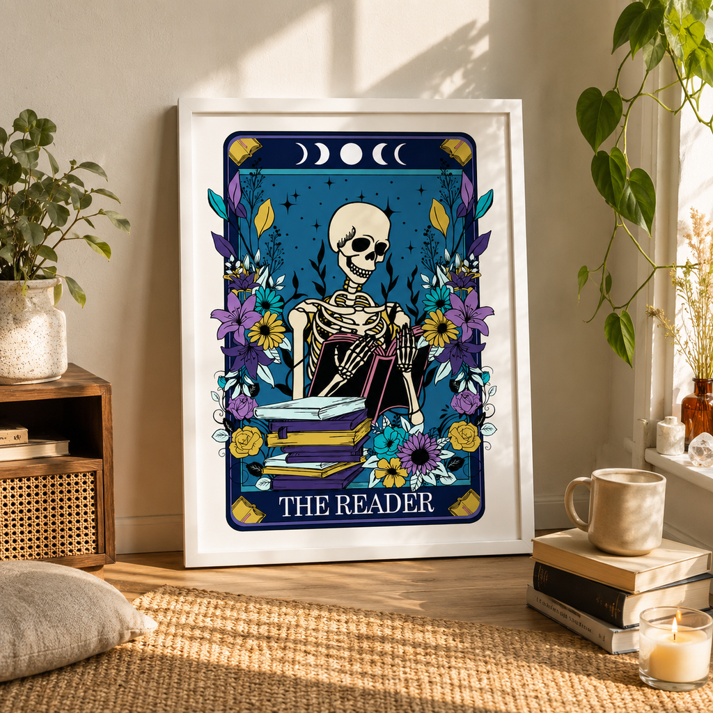 Book lover tarot style print 'The Reader' framed in a cosy room