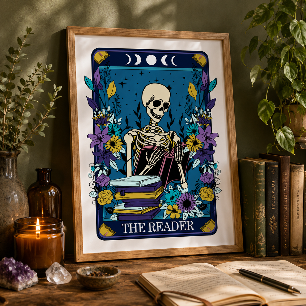 'The Reader' tarot style print with skeleton, books and flowers, framed on a wall