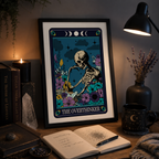 'The Overthinker' tarot style print with skeleton and bright flowers, framed on a wall