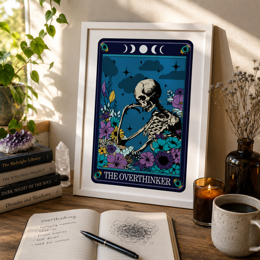 Framed tarot style print 'The Overthinker' with thoughtful skeleton and flowers, on a desk