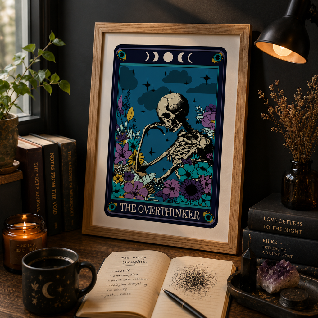 Funny tarot style print 'The Overthinker' framed in a styled room