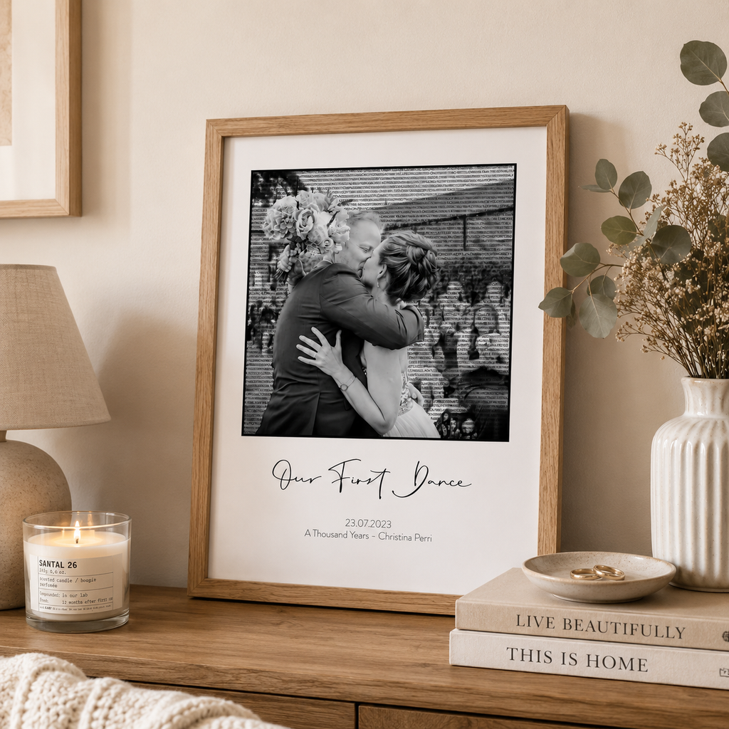 Personalised first dance anniversary print with a couple's photo, framed
