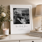Personalised first anniversary print with a couple's photo and 'Our First Dance', framed