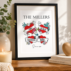 Personalised family tattoo style print with hearts, roses and family names