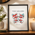 Personalised family tattoo style print with heart and swallow artwork