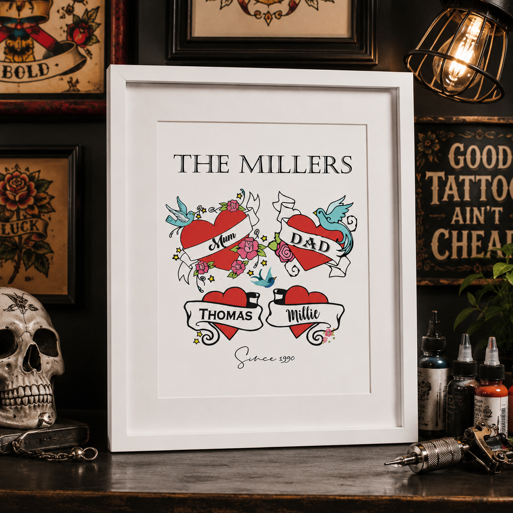 Personalised family tattoo style print with hearts, swallows, a family name and member names, framed