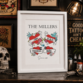 Personalised family tattoo style print with hearts, swallows, a family name and member names, framed
