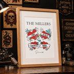 Tattoo style family print personalised with a surname and member names